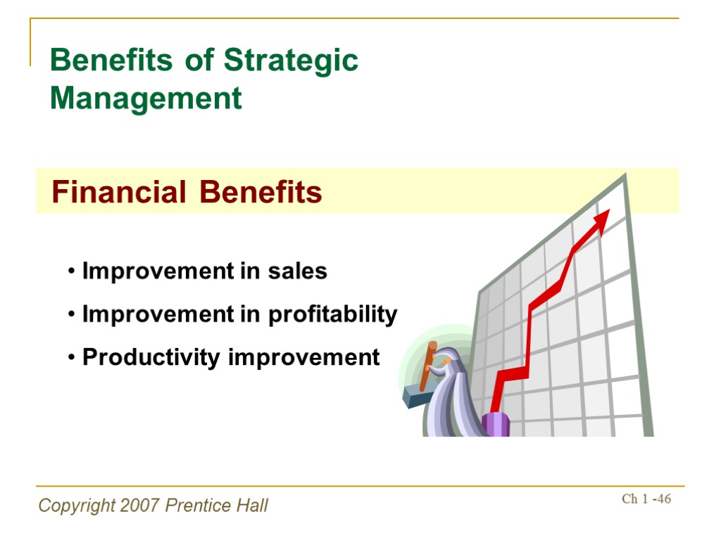 Copyright 2007 Prentice Hall Ch 1 -46 Benefits of Strategic Management Financial Benefits Improvement
